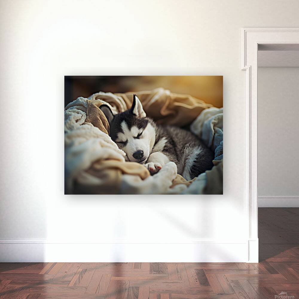 Sleepy Husky Puppy Naps In Laundry Nest Reproduction