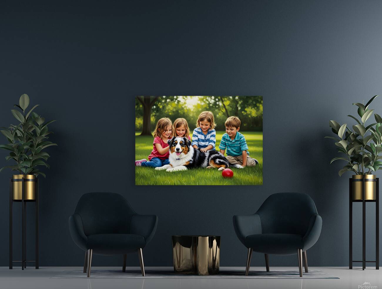 Tired Australian Shepherd Puppy Rests With Children Reproduction