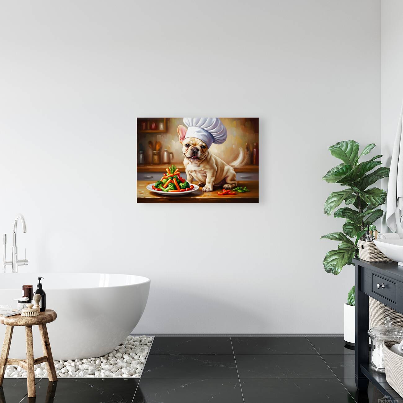 Proud French Bulldog Puppy Chef Shows Off Cooking Creation Reproduction