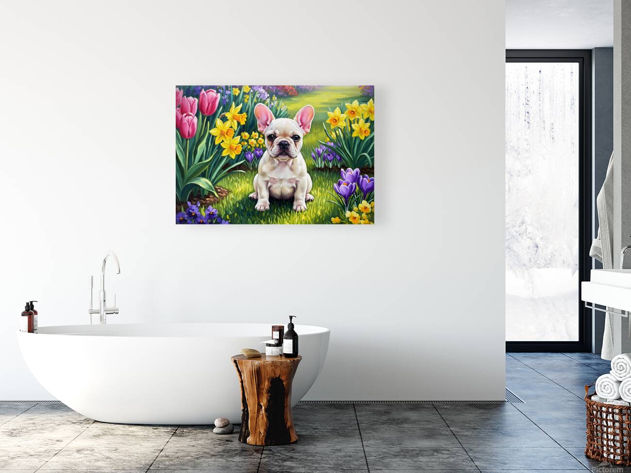 French Bulldog Puppy Discovers Spring Garden Reproduction