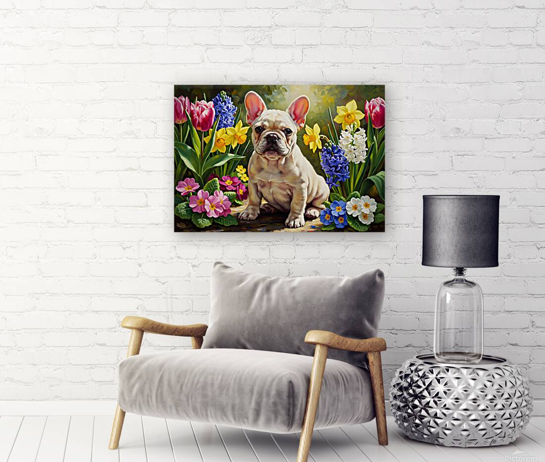 Happy French Bulldog Puppy Rests Among Spring Blooms Reproduction