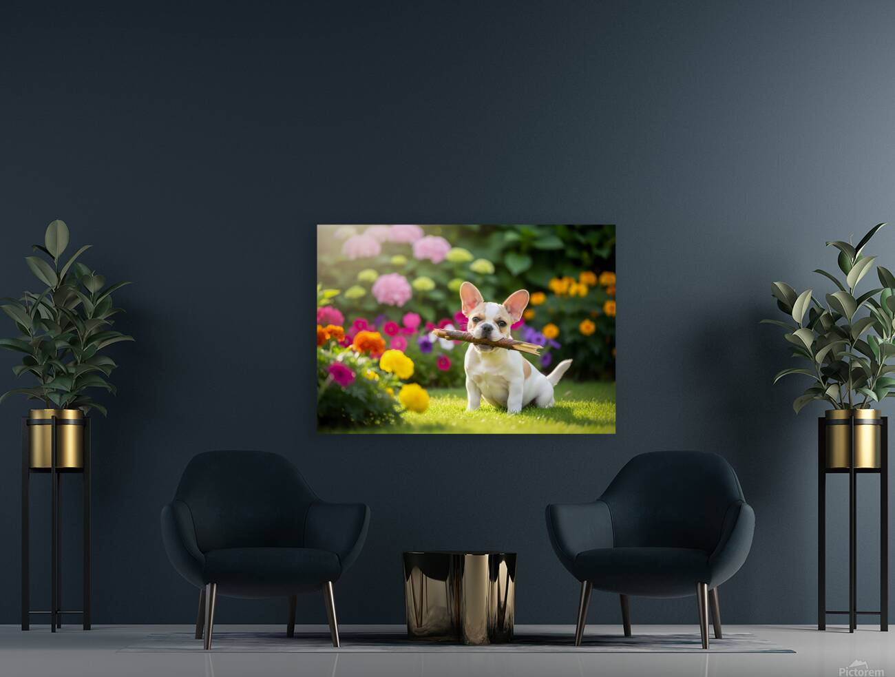 French Bulldog Puppy Finds Perfect Stick In Garden Reproduction