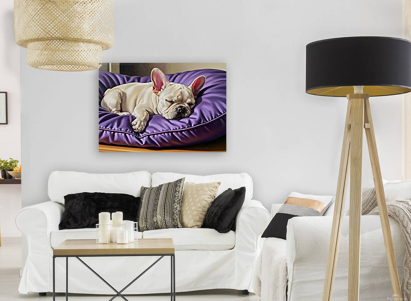 French Bulldog Puppy Sleeping Peacefully On Purple Pillow Reproduction