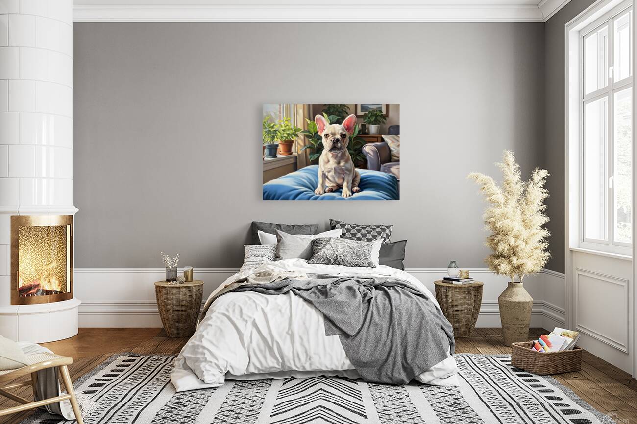 French Bulldog Puppy Sits Alert On Blue Cushion Reproduction