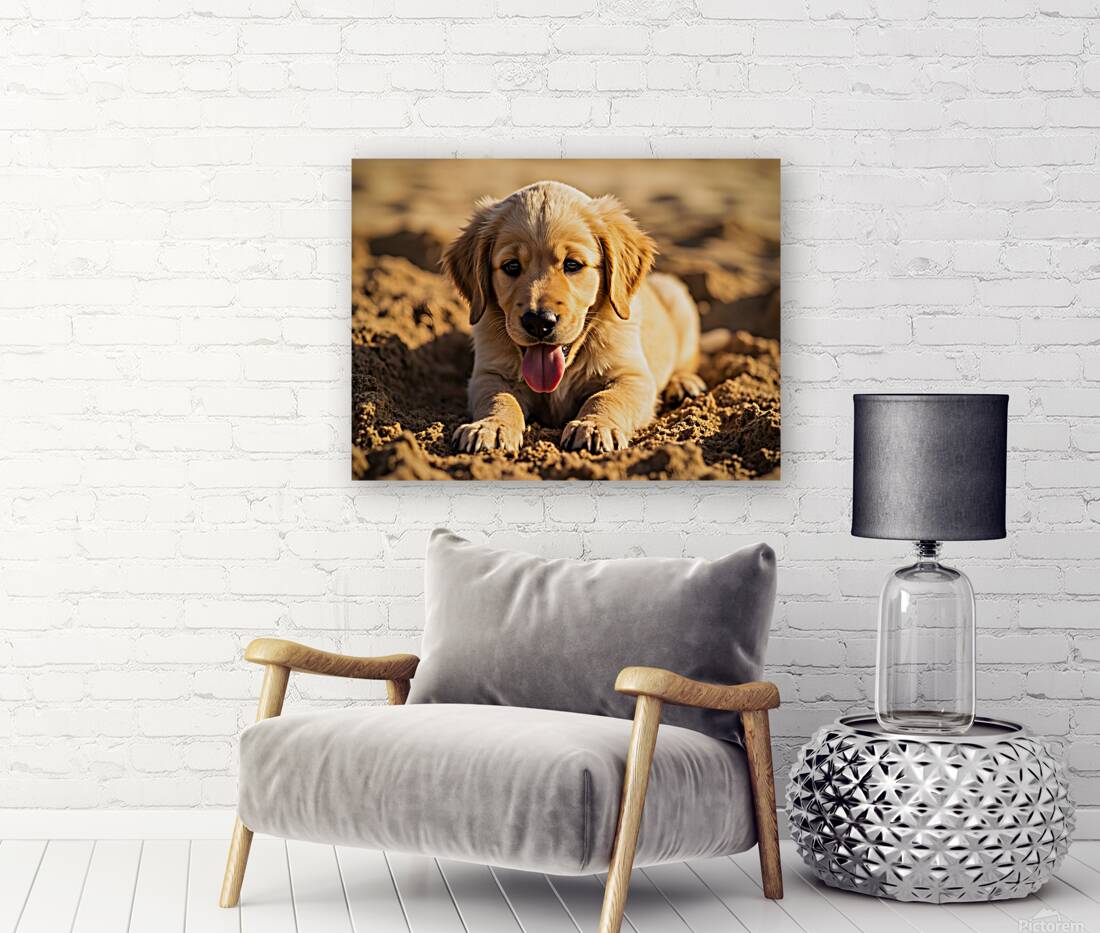 Happy Golden Retriever Puppy Sits In Ruins Of Destroyed Castle Reproduction