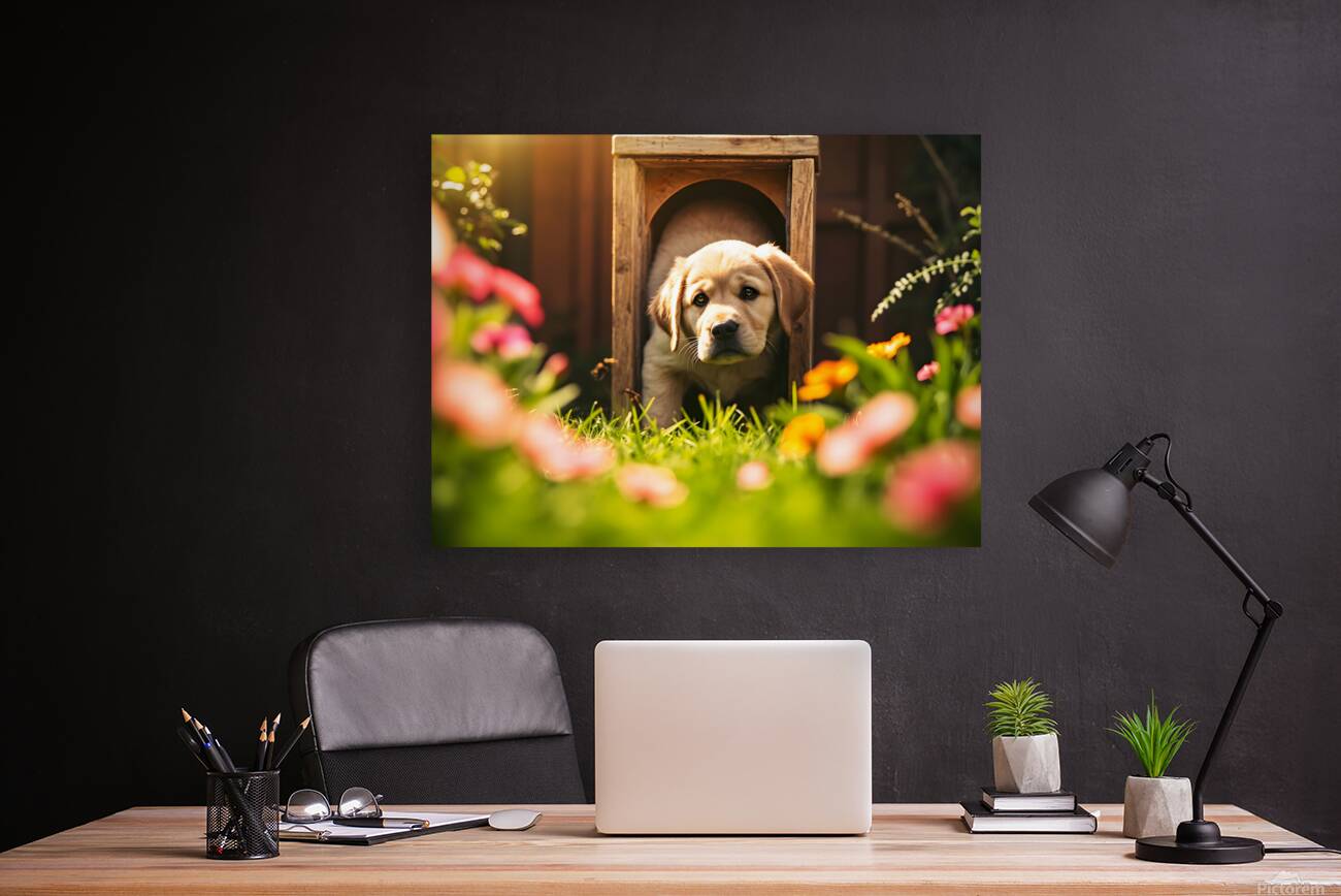 Happy Puppy Celebrates His Cat Flap Adventure Reproduction
