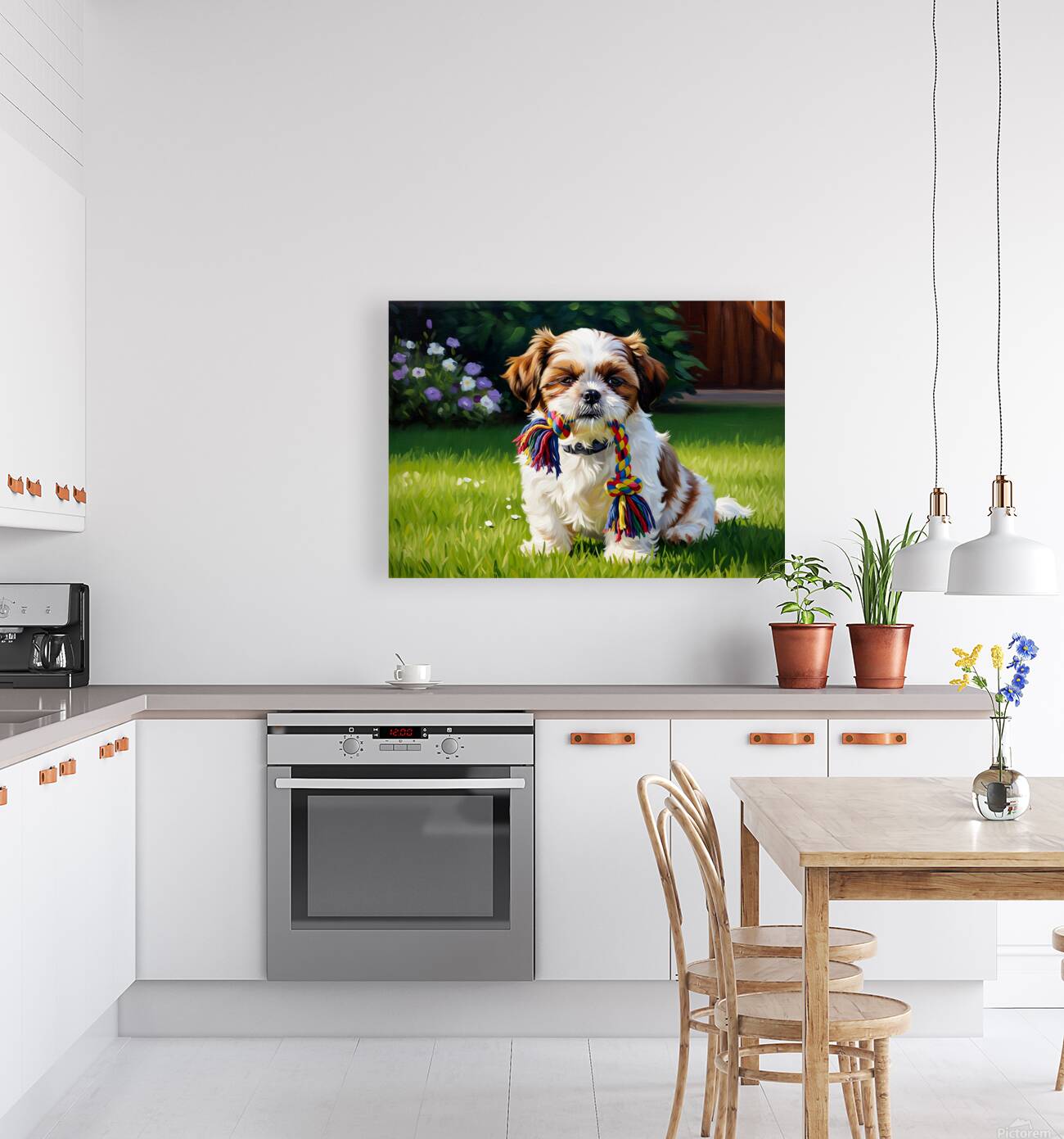 Shih Tzu Puppy Plays With Rope Toy In Garden Reproduction