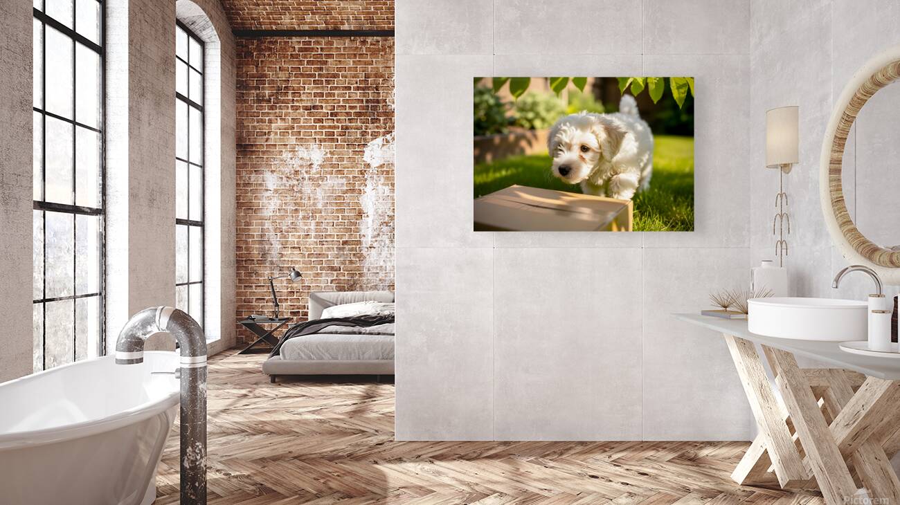 Bichon Frise Puppy Discovers Mysterious Garden Box Reproduction