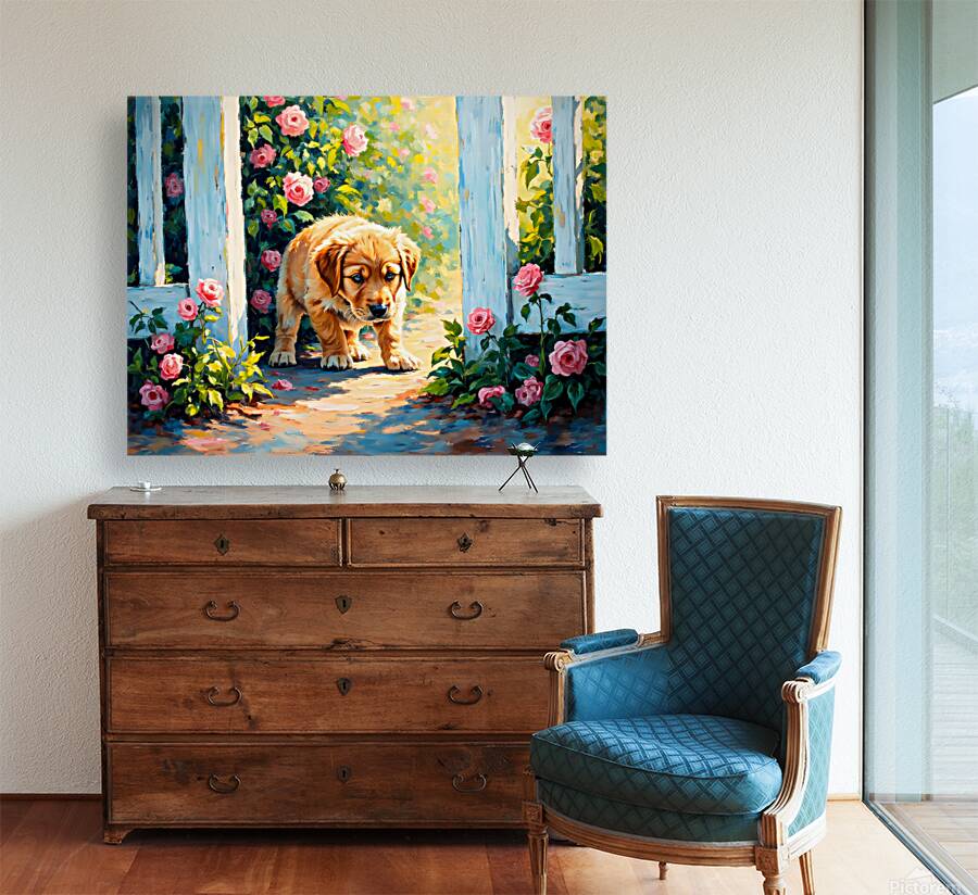 Happy Labrador Retriever Puppy Emerging From Behind Brick Wall Reproduction