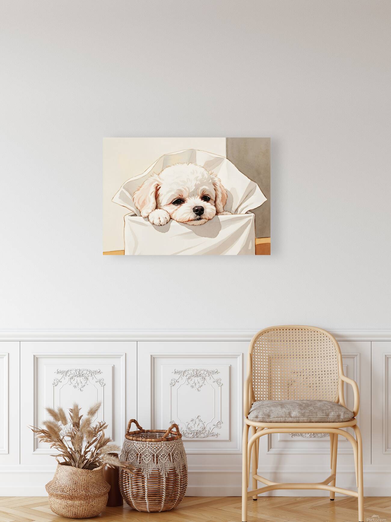 Brave Bichon Frise Puppy Escapes From Tissue Box Reproduction