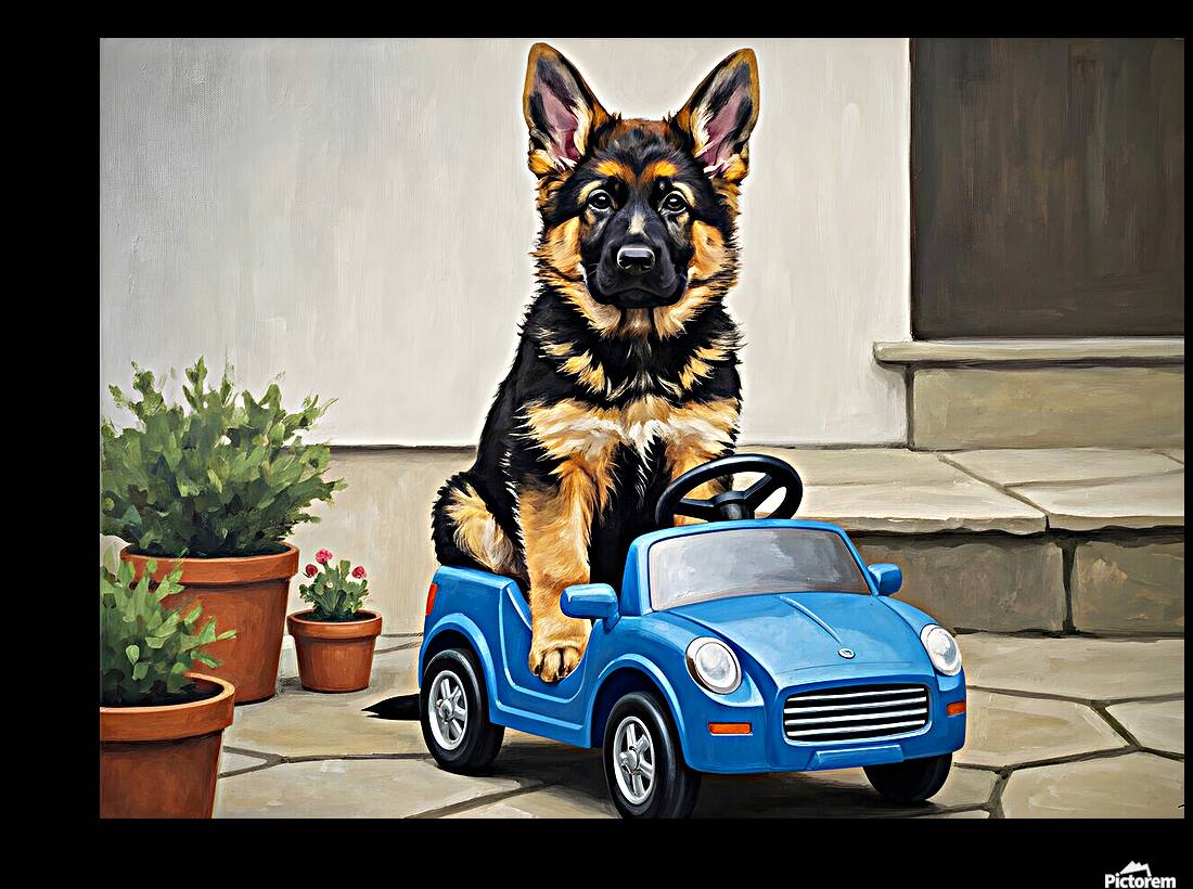 Sleepy German Shepherd Puppy In Car Reproduction