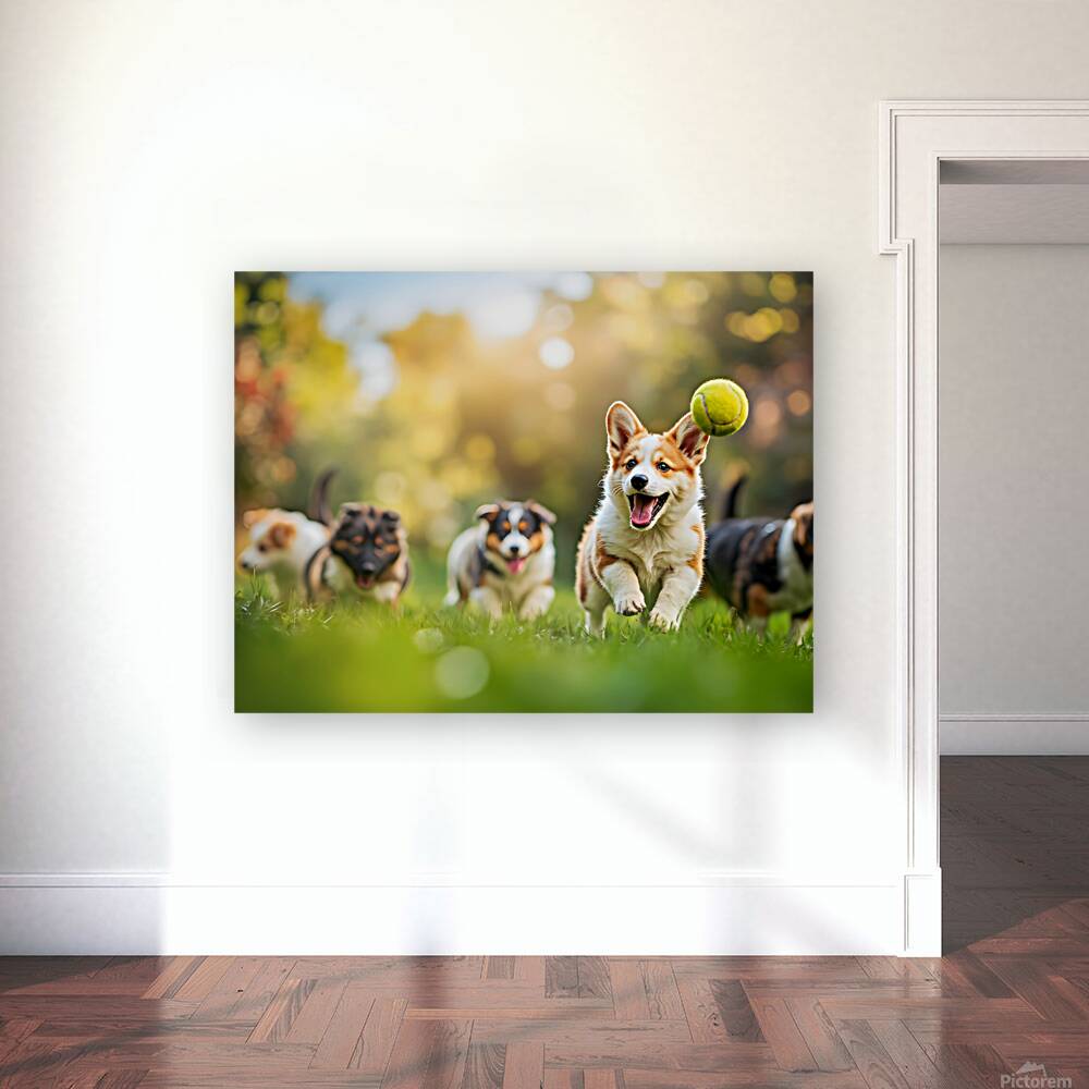 Corgi Puppy Spots Tennis Ball In Garden Reproduction