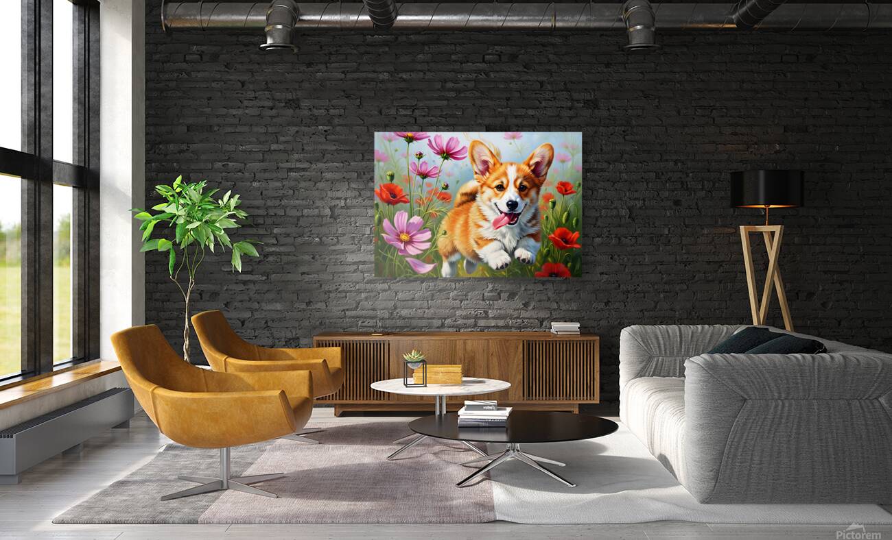 Corgi Puppy Discovers Magical Wildflower Meadow Reproduction