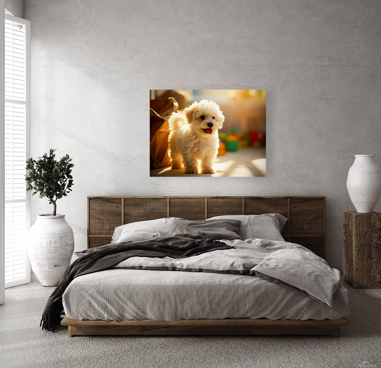 Playful Bichon Frise Puppy With Paper Bag Toy Reproduction