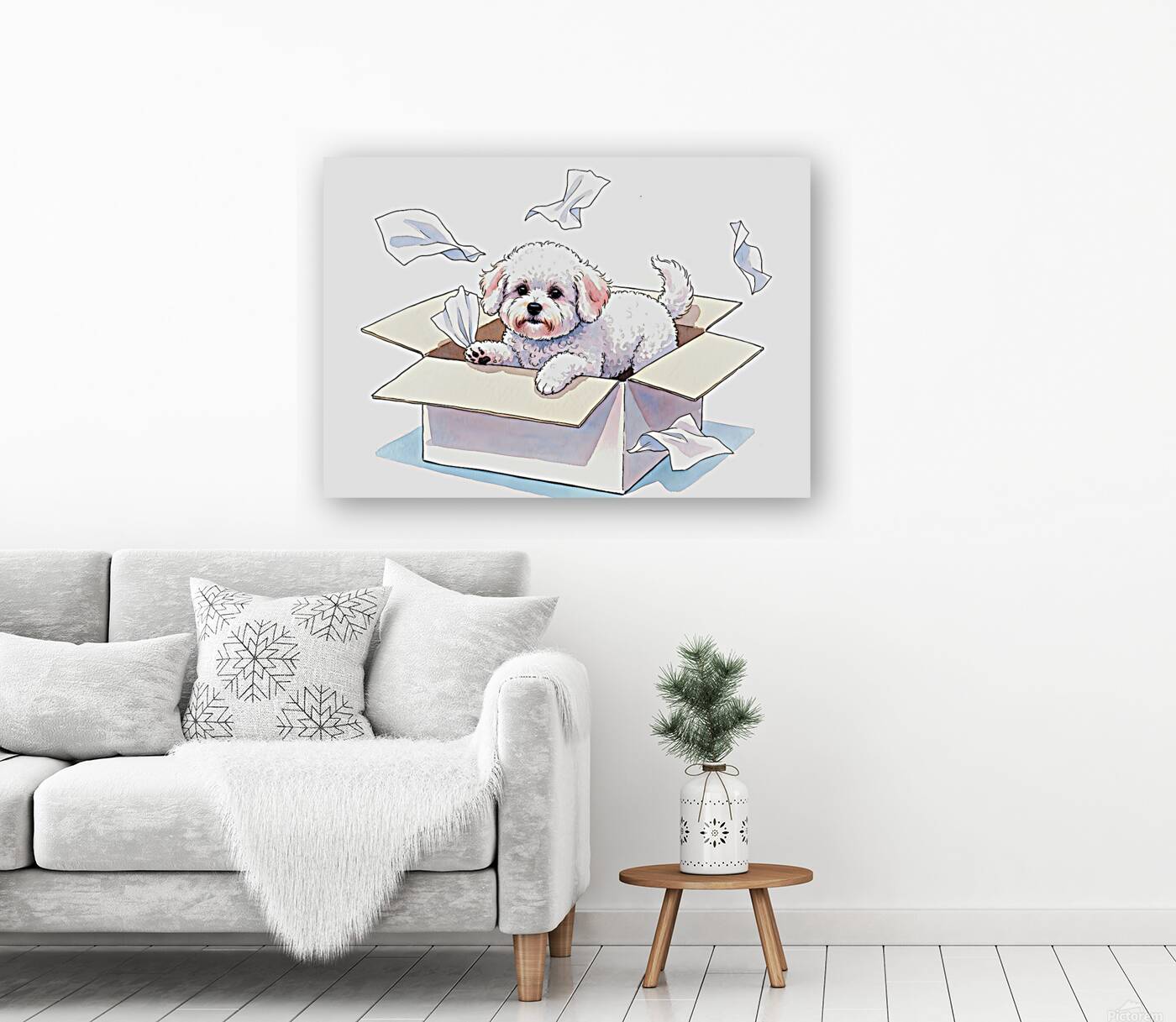 Bichon Frise Puppy Discovers Tissue Box Adventure Reproduction