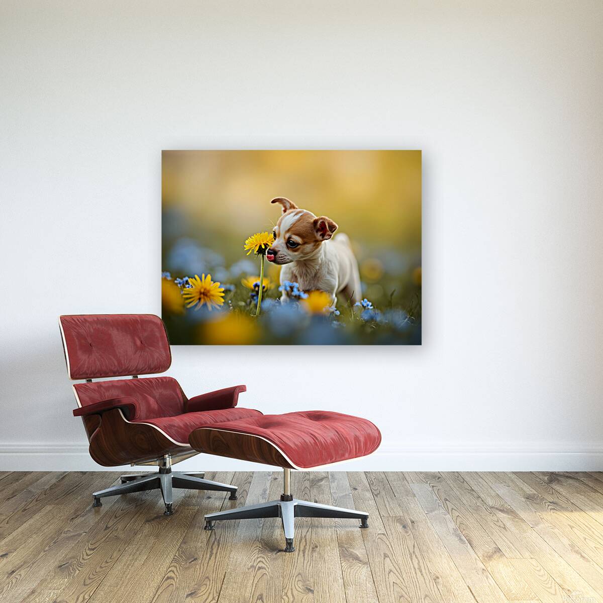 Happy Chihuahua Puppy After Sniffing Dandelion Reproduction