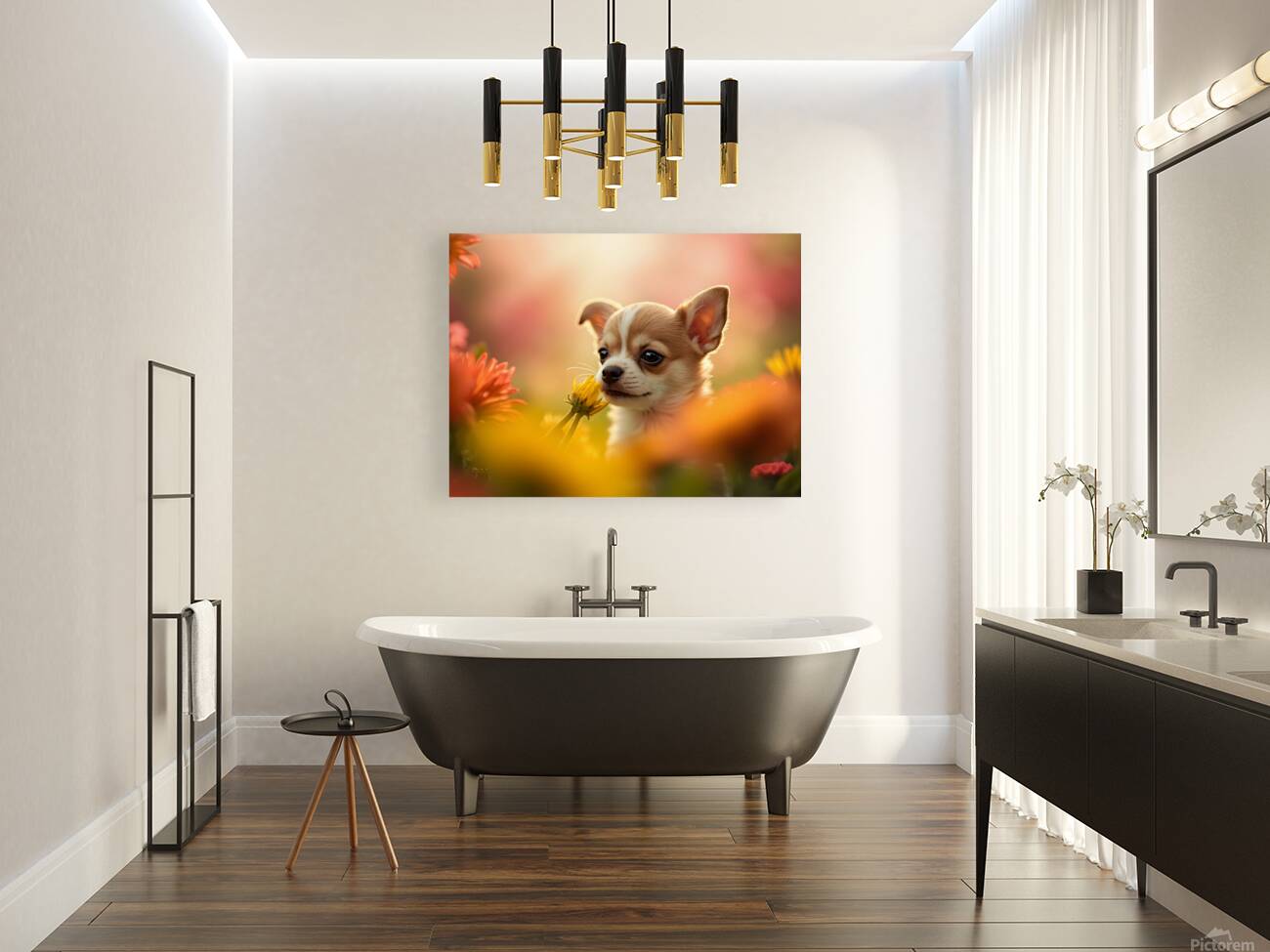 Chihuahua Puppy Discovers A Yellow Dandelion Reproduction