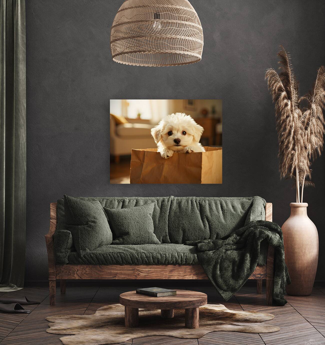 Bichon Frise Puppy Hiding In Paper Bag Reproduction