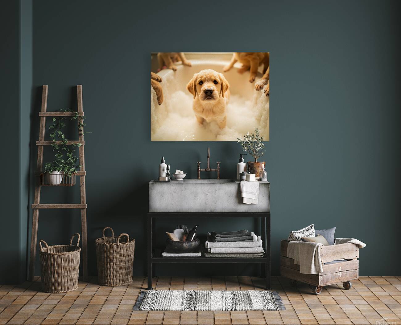 Peaceful Labrador Puppy Enjoying Calm Bath Time Reproduction
