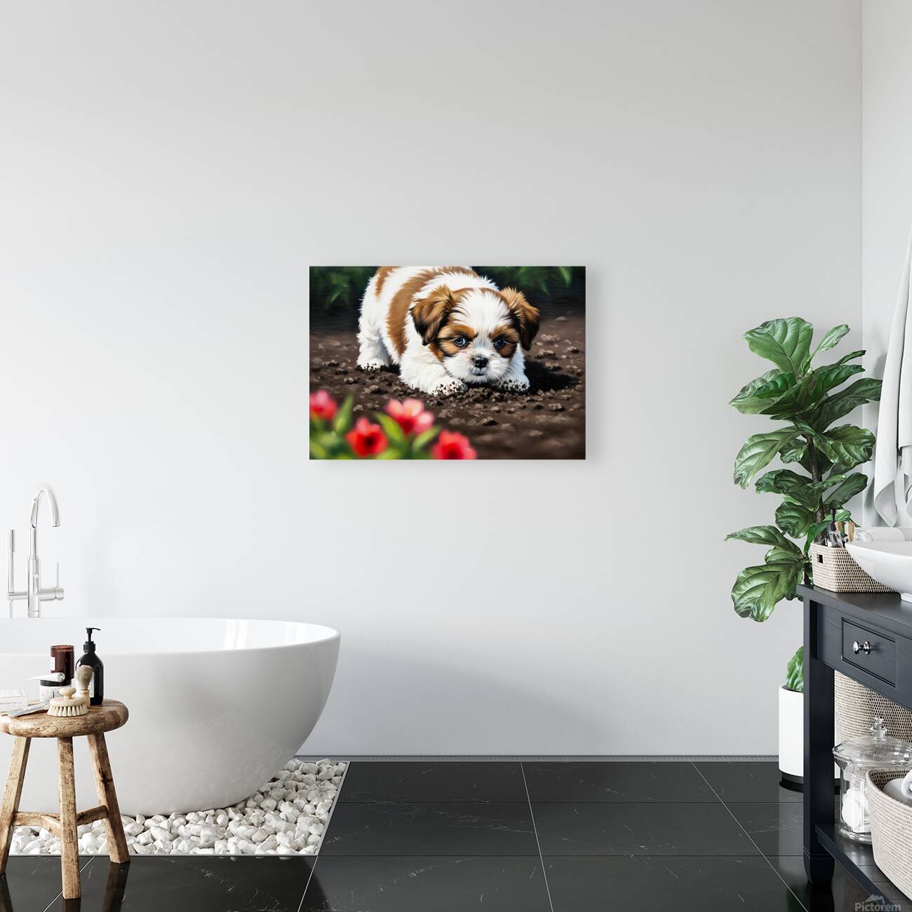 Shih Tzu Puppy Ready To Help In The Garden Reproduction