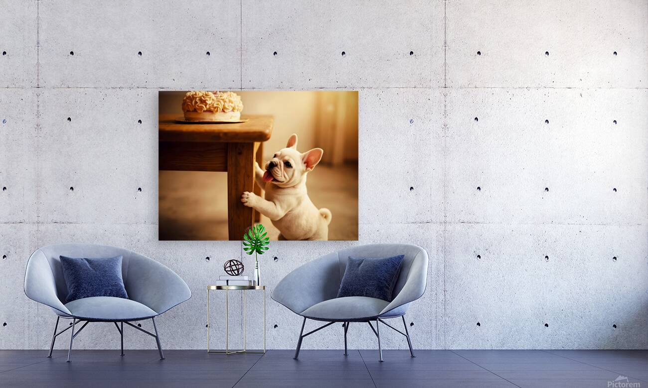 French Bulldog Puppy Discovers Birthday Cake Reproduction