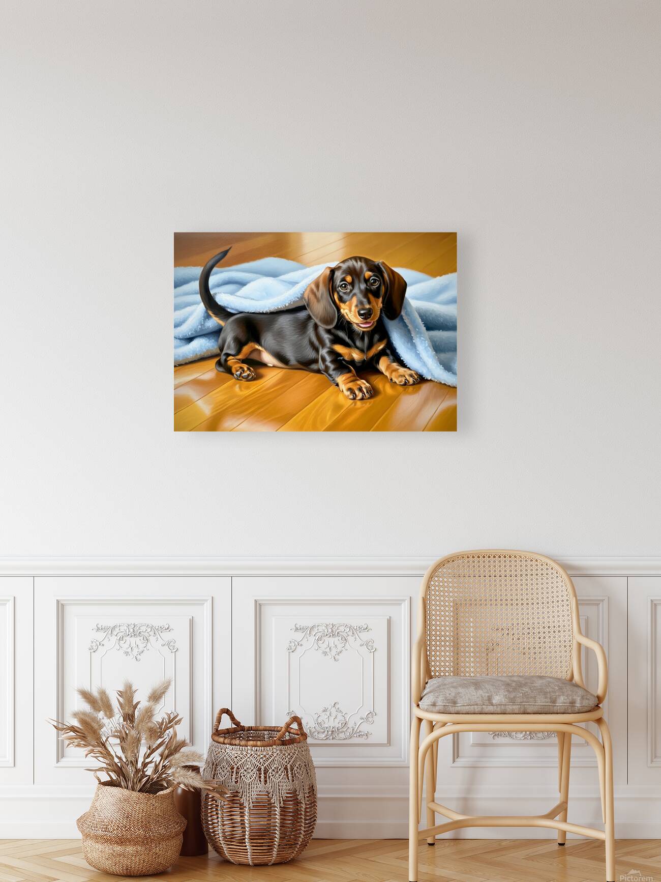 Sleepy Dachshund Puppy Napping Under Cozy Blue Blanket Reproduction