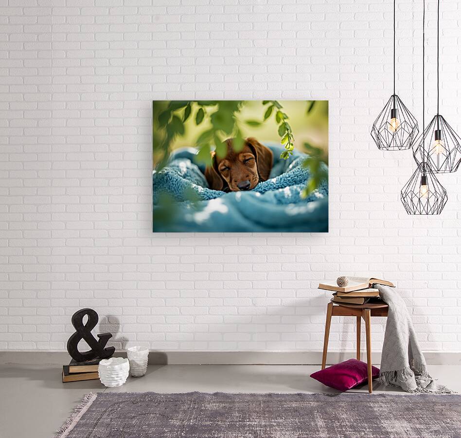 Peaceful Dachshund Puppy Sleeps In Basket Bed Reproduction