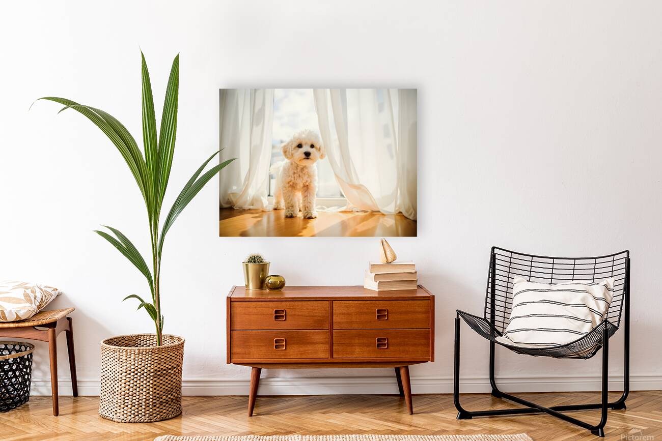 Poodle Puppy Peeking Behind Burgundy Curtains Reproduction