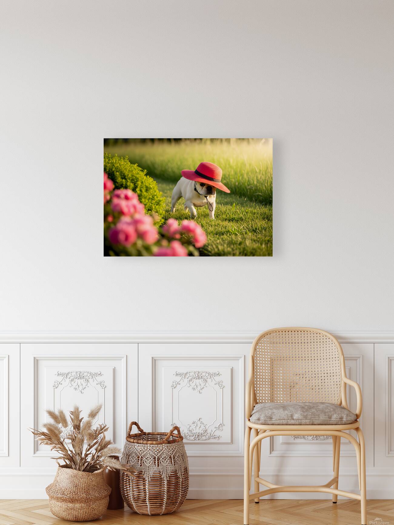 French Bulldog Puppy Discovers A Big Red Hat Reproduction