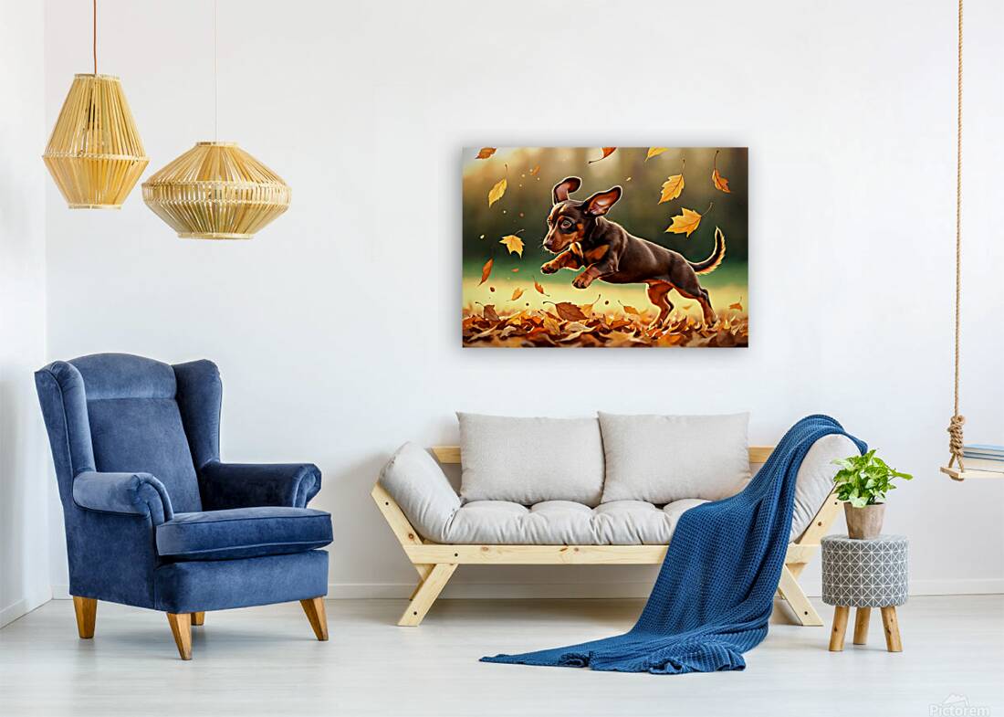 Dachshund Puppy Discovers Autumn Leaf Pile Reproduction