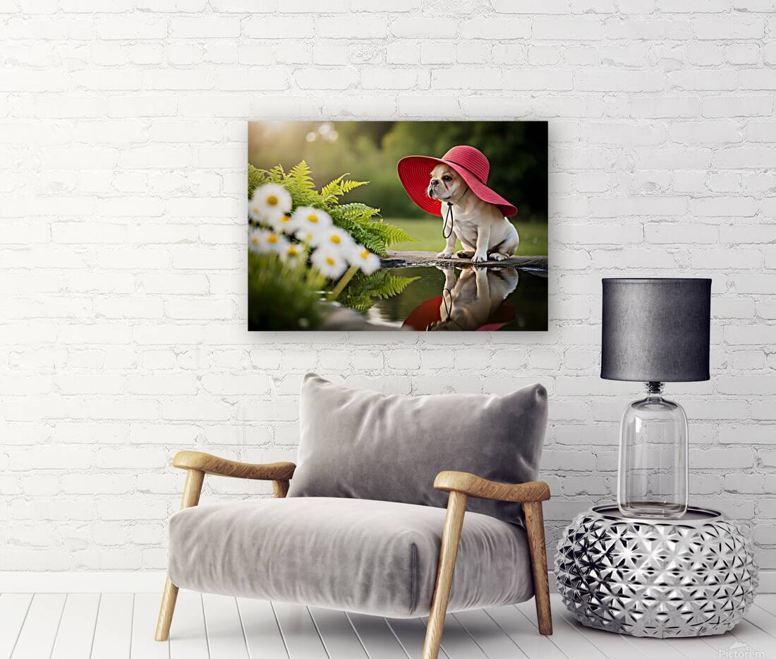 Happy French Bulldog Puppy Rests In Shade Under His Hat Reproduction