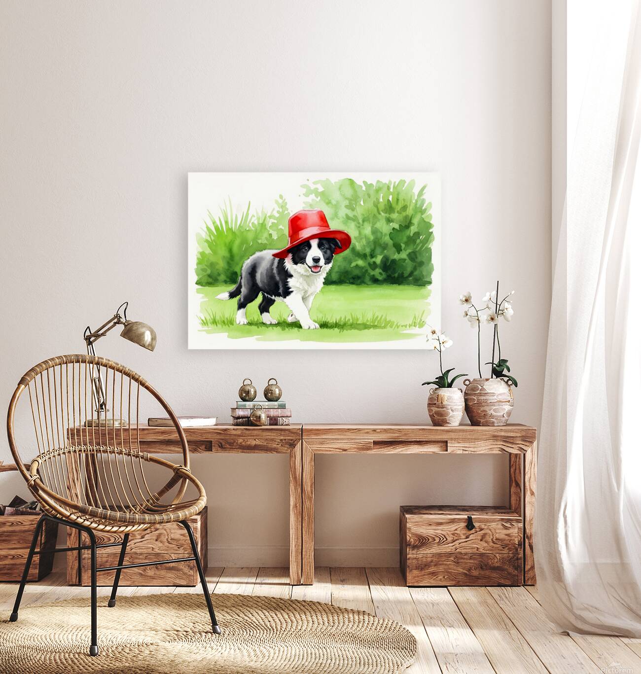 Border Collie Puppy Discovers A Big Red Hat Reproduction