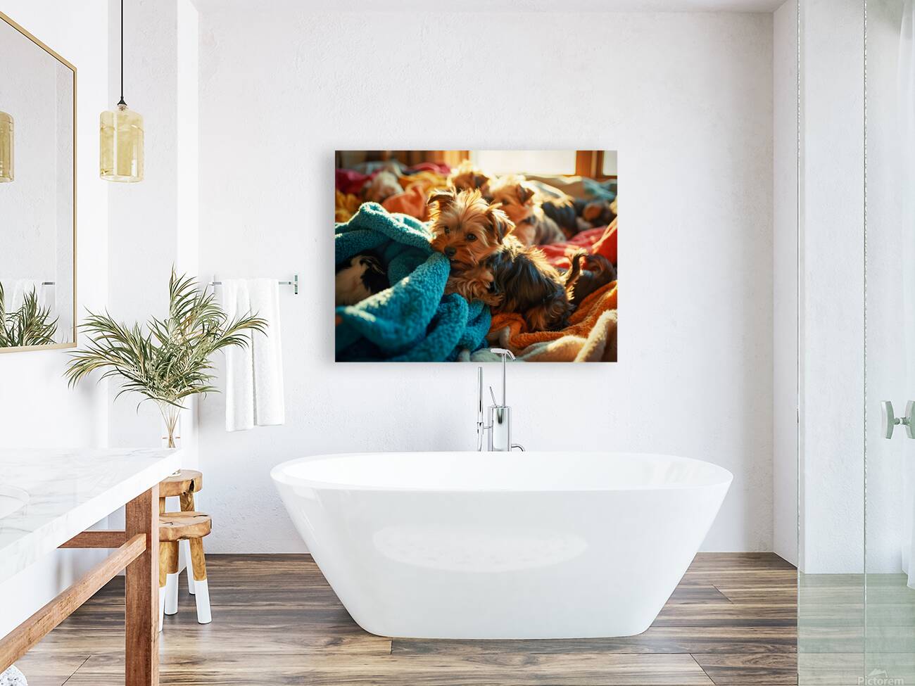 Yorkshire Terrier Puppy Discovers Blanket Mountain Reproduction