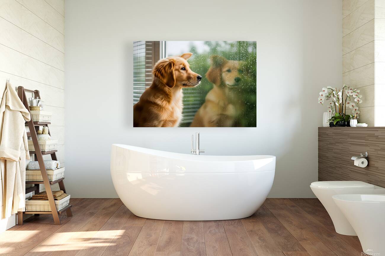Peaceful Golden Retriever Puppy Rests By Rainy Window Reproduction