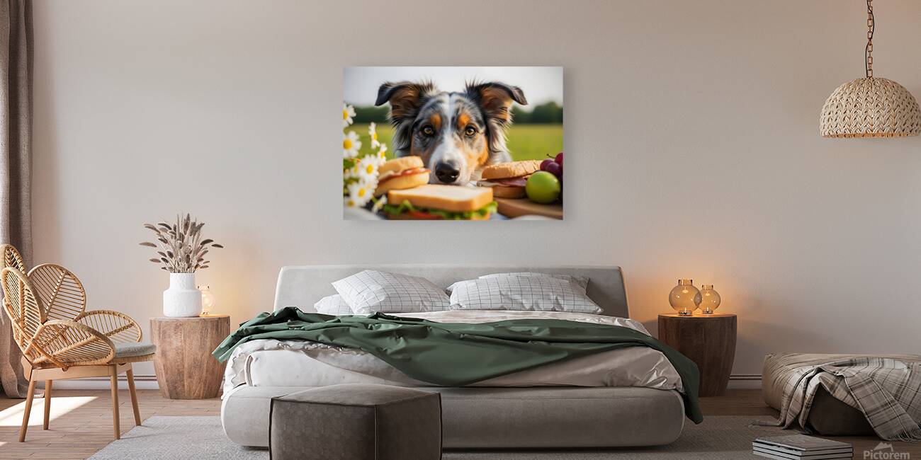Australian Shepherd Puppy Discovers Picnic Spread Reproduction