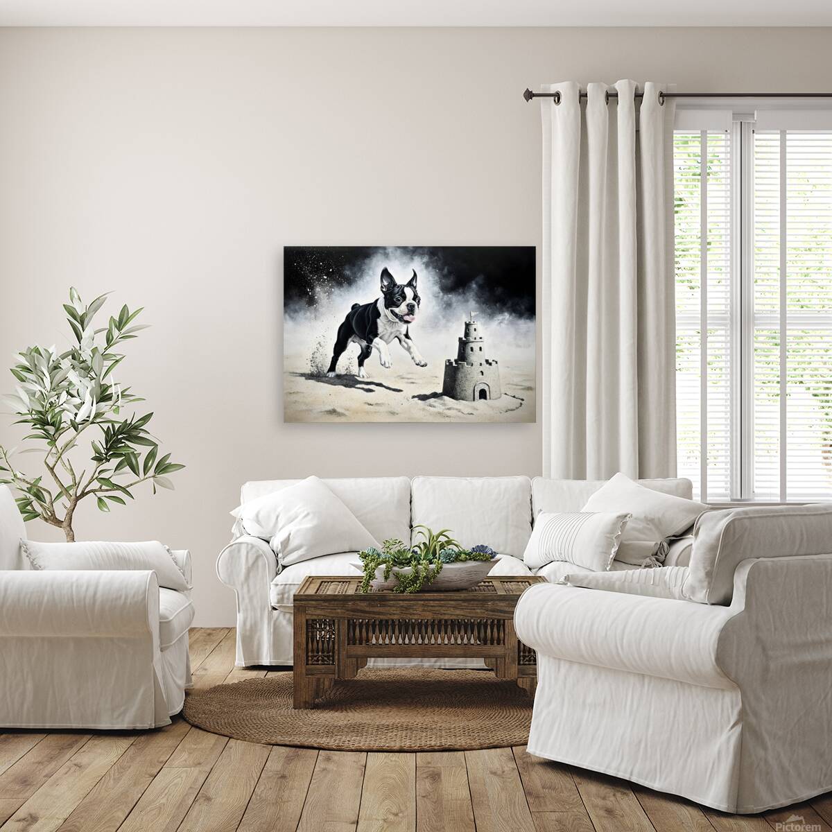 Boston Terrier Puppy Discovers Amazing Sand Castle Reproduction