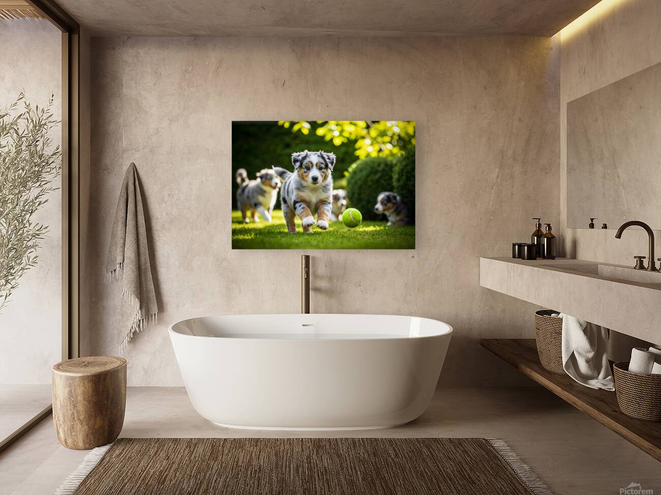 Australian Shepherd Puppy Catches Tennis Ball Reproduction