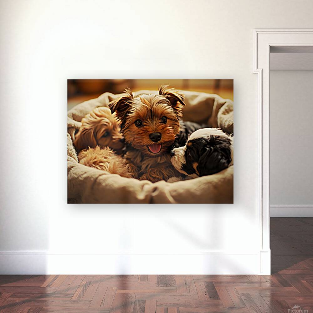 Yorkshire Terrier Puppy In Cozy Laundry Basket With Friends Reproduction