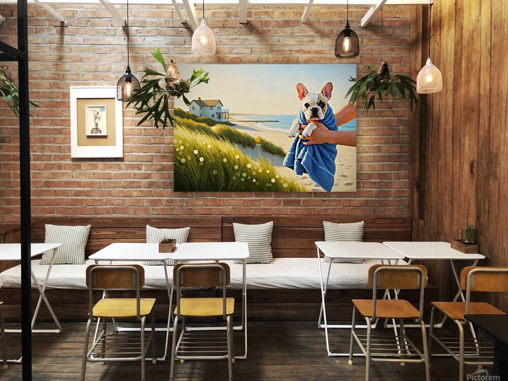 French Bulldog Puppy Wrapped In Beach Towel After Swimming Reproduction