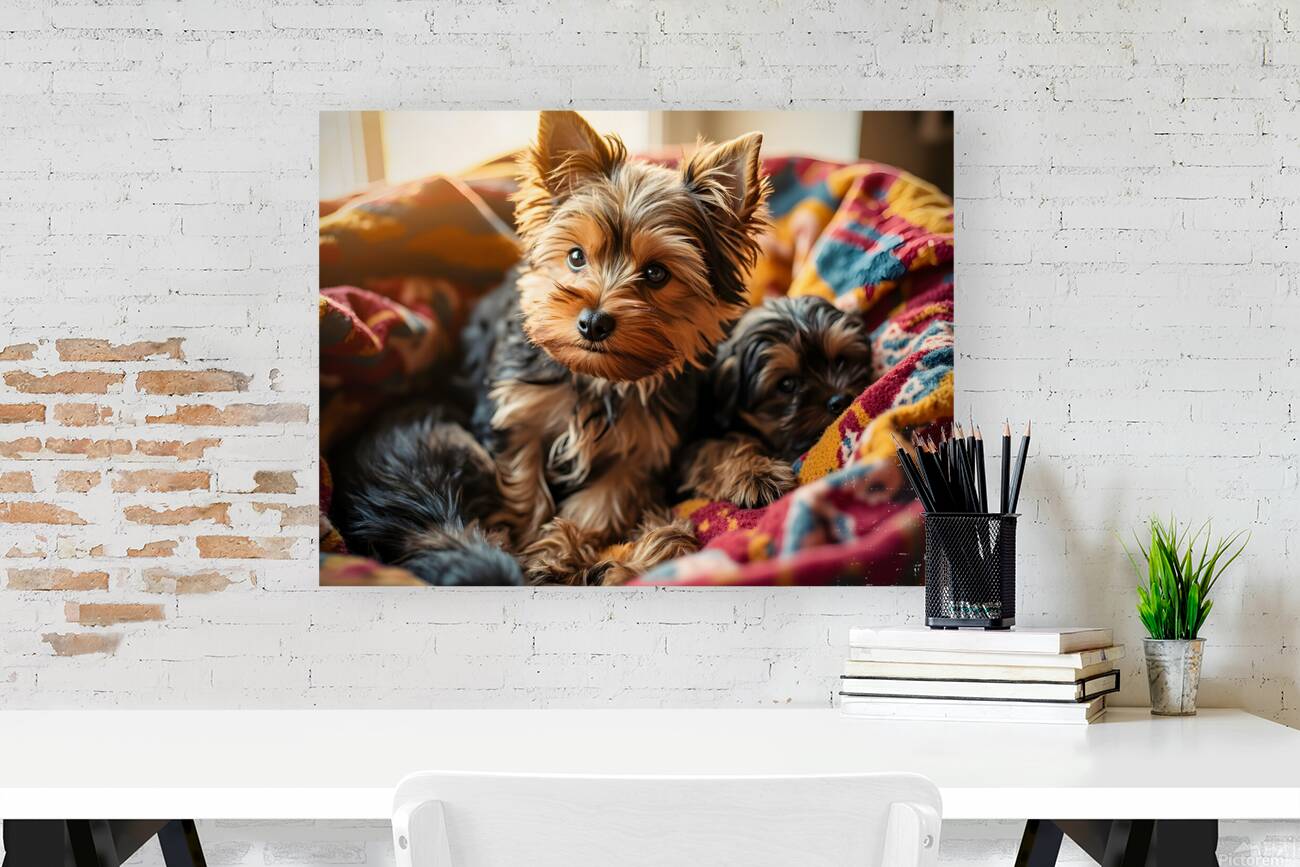 Yorkshire Terrier Puppy Sleeps Peacefully In Blankets Reproduction