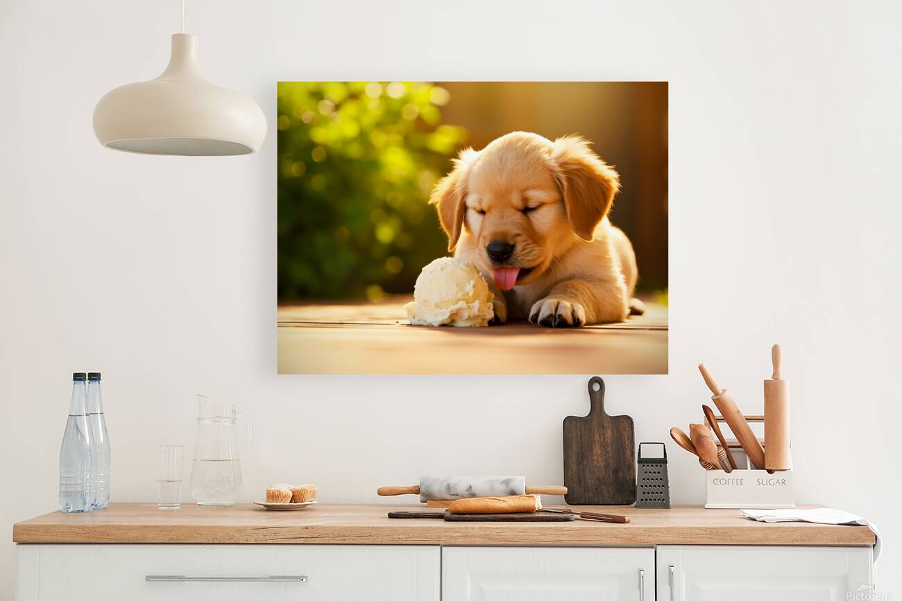 Golden Retriever Puppy Discovers Ice Cream Treat Reproduction
