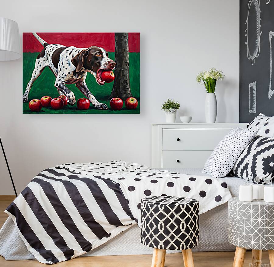 Happy Puppy Enjoys Apple Pieces In Orchard Reproduction