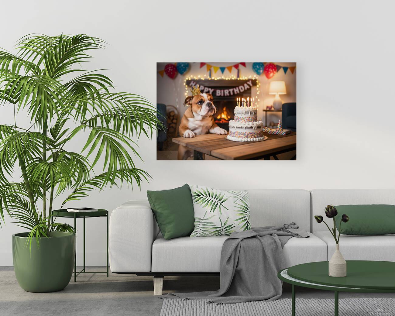 Bulldog Puppy With Golden Crown At Birthday Party Reproduction