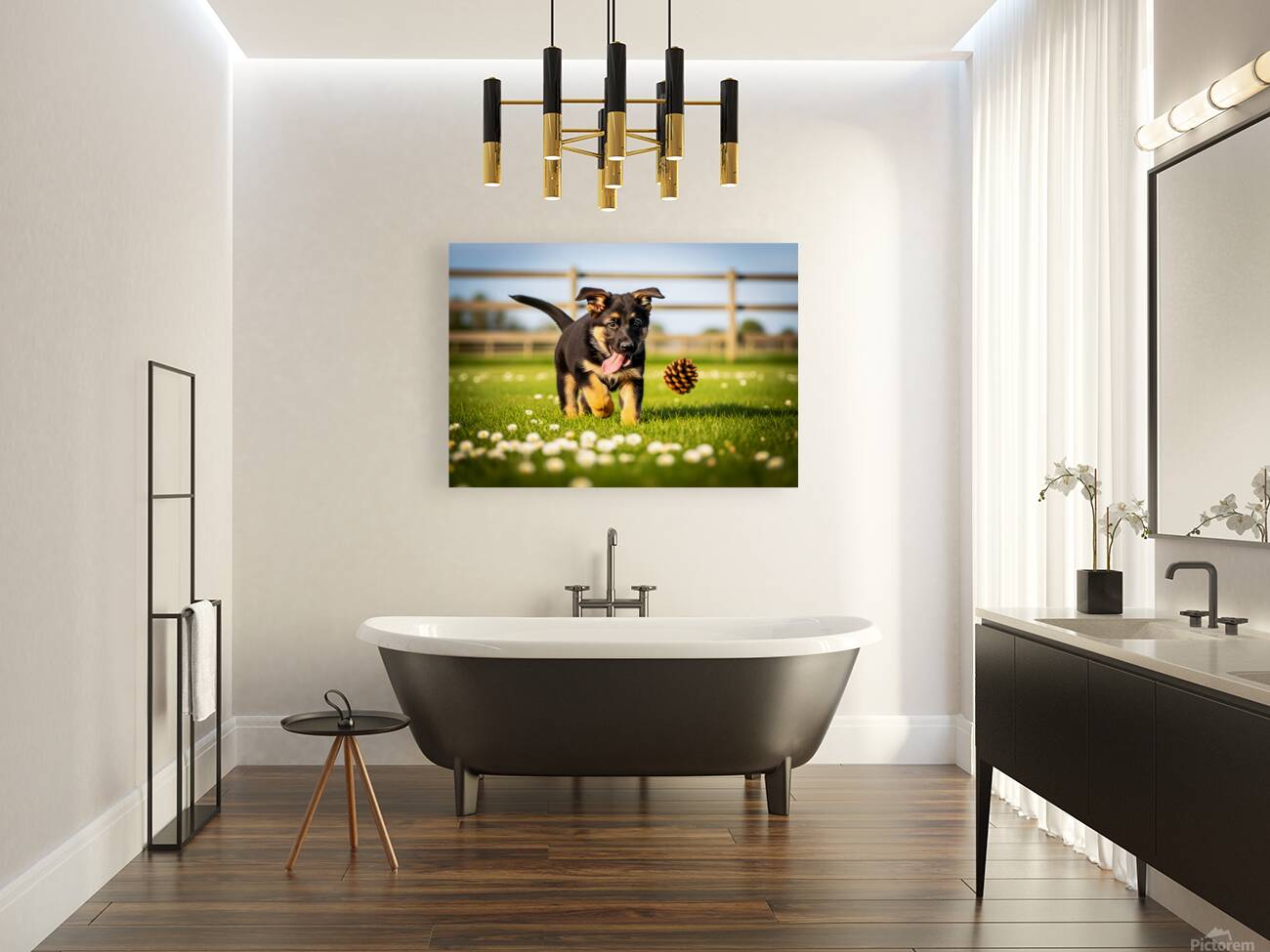 German Shepherd Puppy Watches Pinecone Soar Through Air Reproduction