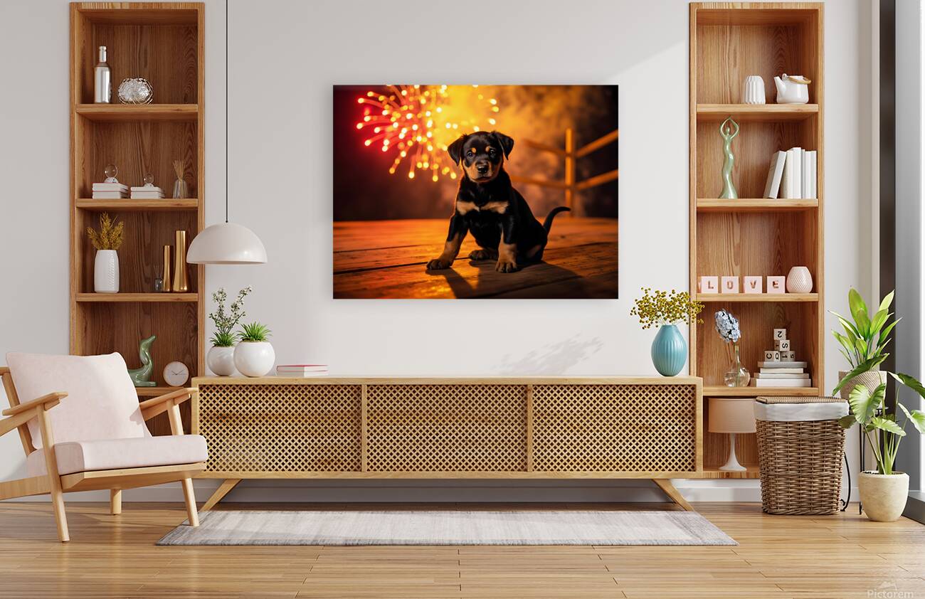 Rottweiler Puppy Watches First Fireworks Display Reproduction