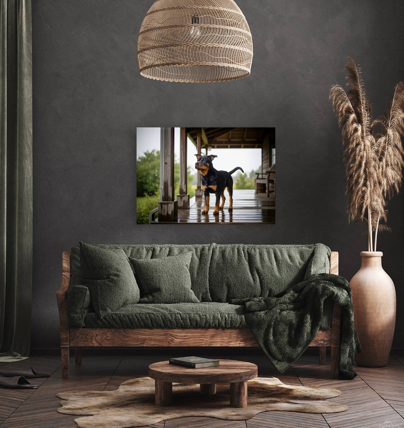 Joyful Rottweiler Puppy Wags Tail Under Porch Reproduction