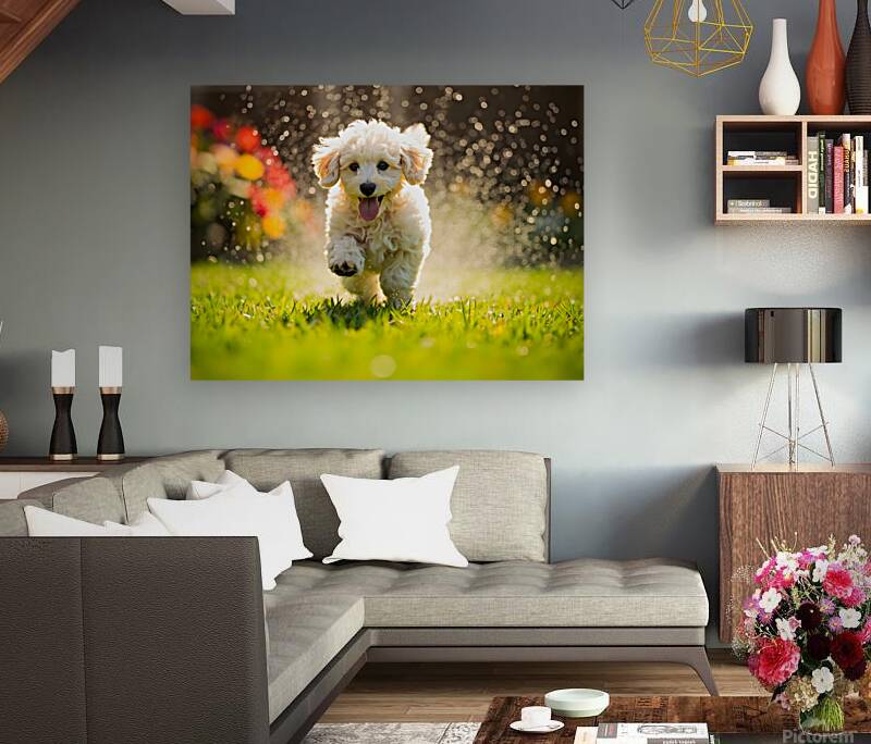 Poodle Puppy Discovers Garden Sprinkler Reproduction