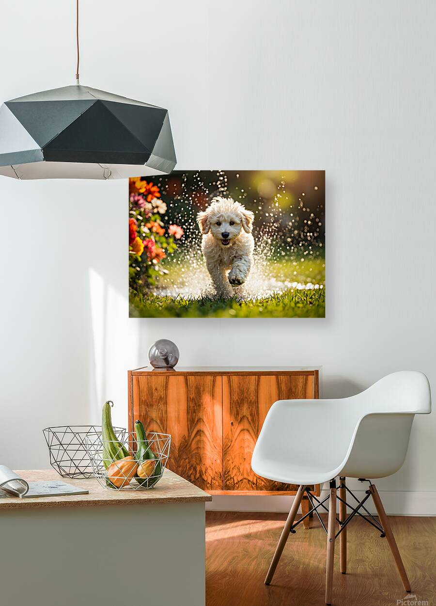 Tired Poodle Puppy Rests After Sprinkler Fun Reproduction