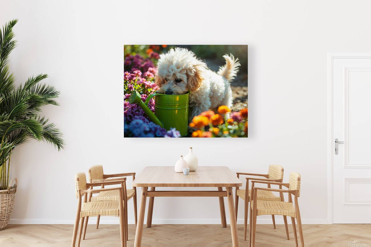 Free Poodle Puppy Sits By Overturned Watering Can Reproduction