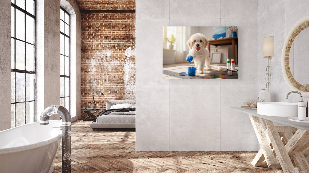 Poodle Puppy Discovers Colorful Paint Containers Reproduction